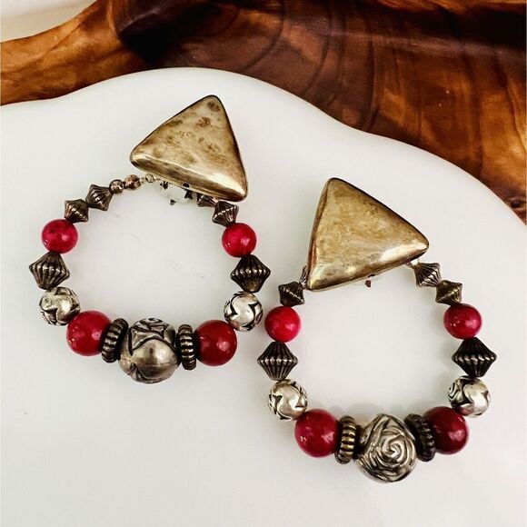 Vintage Large Earrings Silver Tone  Beaded Dangle Ornate Beads Clip On Y2K 4583 - Picture 4 of 8